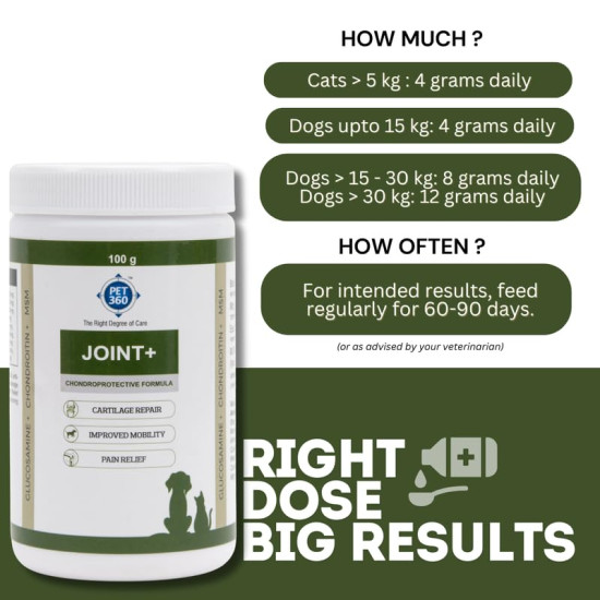 PET360 Joint+ Chondroprotective Formula - 100 gm | Hip, Joints, Cartilage Supplement for Dogs & Cats for Improved Mobility & Pain Relief with Glucosamine, Chondroitin, MSM | Suitable for All Breeds