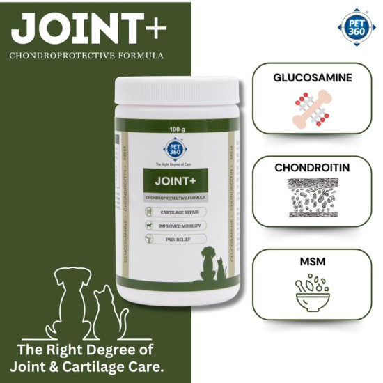 PET360 Joint+ Chondroprotective Formula - 100 gm | Hip, Joints, Cartilage Supplement for Dogs & Cats for Improved Mobility & Pain Relief with Glucosamine, Chondroitin, MSM | Suitable for All Breeds