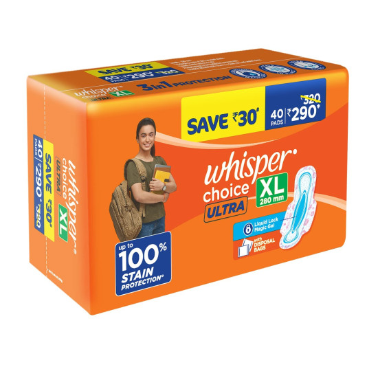 Whisper Choice Sanitary Pads with Wings for Women, XL, 40s Napkins