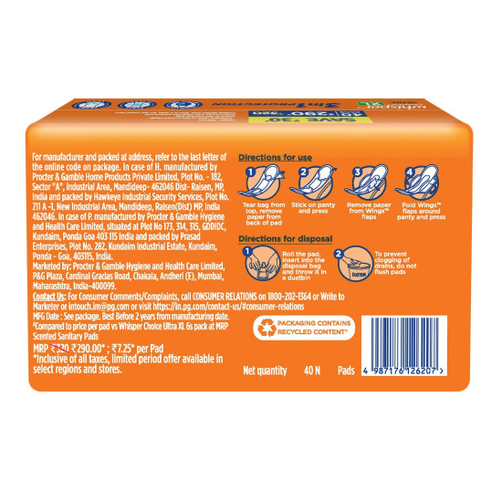 Whisper Choice Sanitary Pads with Wings for Women, XL, 40s Napkins