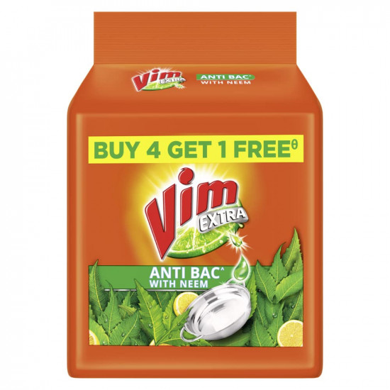 Vim Extra Anti Bacterial Dishwash Bar - 200g (Neem, Buy 4 + 1 Free)