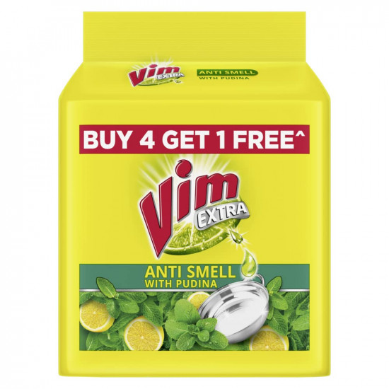 Vim Extra Anti Smell Dishwash Bar - 200g (Pudina, Buy 4 + 1 Free)