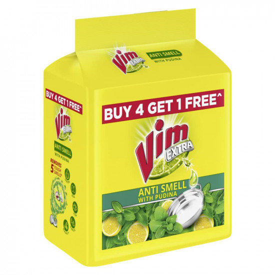 Vim Extra Anti Smell Dishwash Bar - 200g (Pudina, Buy 4 + 1 Free)