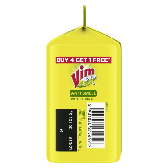 Vim Extra Anti Smell Dishwash Bar - 200g (Pudina, Buy 4 + 1 Free)