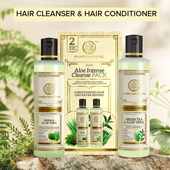 Khadi Natural Aloe Intense Cleanse Pack | Shampoo & Conditioner| Anti-Hair Fall | For Thick & Strong Hair |Goodness of Neem and Aloe Vera| SLS & Paraben Free| Suitable for All Hair Types | (Pack of 2) (2 x 210 ml) (420 ml)