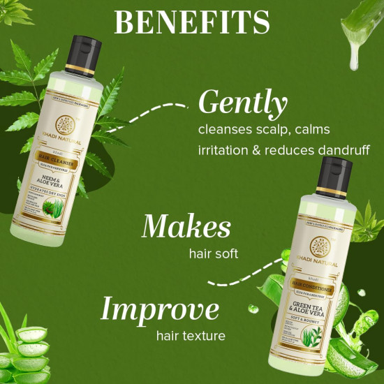 Khadi Natural Aloe Intense Cleanse Pack | Shampoo & Conditioner| Anti-Hair Fall | For Thick & Strong Hair |Goodness of Neem and Aloe Vera| SLS & Paraben Free| Suitable for All Hair Types | (Pack of 2) (2 x 210 ml) (420 ml)