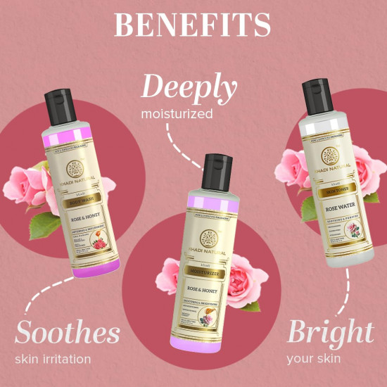 Khadi Natural Rose & Honey Gift Pack with Rose & Honey Body Wash, Rose & Honey Moisturizer & Rose Water Skin Toner | All Skin Types | (Pack of 3) (3 x 210 ml) (630 ml)