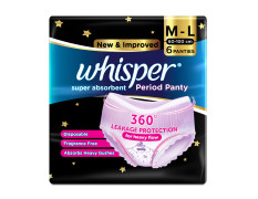 Whisper Super Absorbent Period Panty, 6 M-L Pants, 360 Degree Leakage Protection for Heavy Flow, Panty like Fit for Full back Coverage, Absorbs Heavy Gushes, Silky Soft, Comfortable Feel