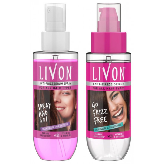 Livon Serum for Women for All Hair Types,For Frizz-free, Smooth & Glossy Hair, 50 ml and Livon Shake & Spray Serum for Women,For Frizz-free, Glossy Hair on-the-go,With Argan Oil & Vitamin B, 50 ml