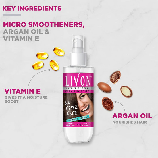 Livon Serum for Women for All Hair Types,For Frizz-free, Smooth & Glossy Hair, 50 ml and Livon Shake & Spray Serum for Women,For Frizz-free, Glossy Hair on-the-go,With Argan Oil & Vitamin B, 50 ml