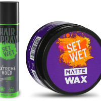 Set Wet Extreme Hold, Hair Spray for Men, Style-Spray-Freeze,Bottle 200 ml and Set Wet Daily Hair Styling Matte Wax, Matte Look, Flexible Hair & Restylable Anytime, Jar 60 gm