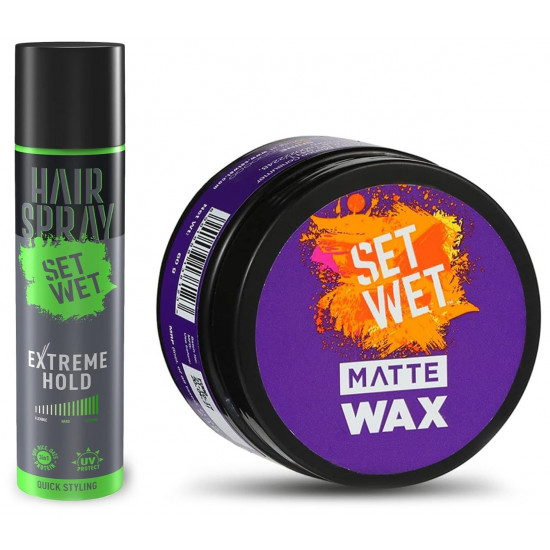 Set Wet Extreme Hold, Hair Spray for Men, Style-Spray-Freeze,Bottle 200 ml and Set Wet Daily Hair Styling Matte Wax, Matte Look, Flexible Hair & Restylable Anytime, Jar 60 gm