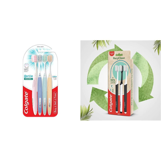 Colgate Gentle Enamel Ultra Soft Bristles Toothbrush, 4 Pcs (Buy2 Get 2), Soft Bristles for Enamel Care and Colgate RecyClean Toothbrush, Planet Friendly, Recycled, 3 Pcs