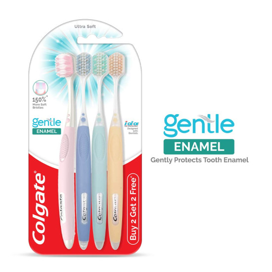 Colgate Gentle Enamel Ultra Soft Bristles Toothbrush, 4 Pcs (Buy2 Get 2), Soft Bristles for Enamel Care and Colgate RecyClean Toothbrush, Planet Friendly, Recycled, 3 Pcs