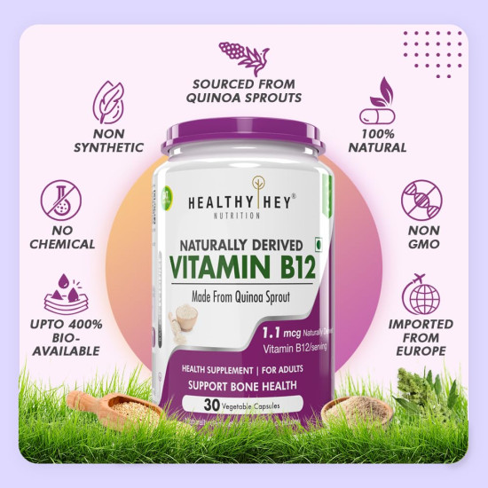 HealthyHey Nutrition 100% Natural Vitamin B12 - Support Immune Health | Non-Synthetic, No-Chemical | 30 Veg. Capsules