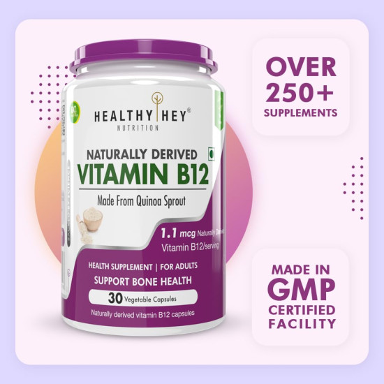HealthyHey Nutrition 100% Natural Vitamin B12 - Support Immune Health | Non-Synthetic, No-Chemical | 30 Veg. Capsules