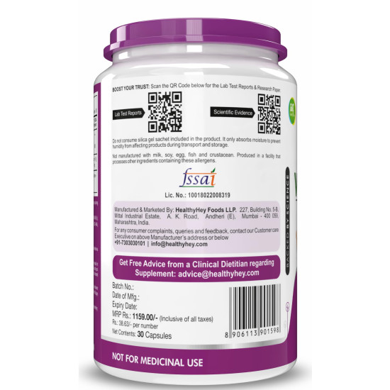 HealthyHey Nutrition 100% Natural Vitamin B12 - Support Immune Health | Non-Synthetic, No-Chemical | 30 Veg. Capsules