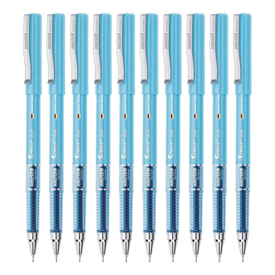Hauser Sonic 0.55mm Gel Pen Blister Pack | Attractive Foiled Body | Stylish Metal Clip | Refillable & Waterproof Gel Ink | German Technology For Smooth & Effortless Writing | Blue Ink, Set of 10 Pens