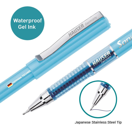 Hauser Sonic 0.55mm Gel Pen Blister Pack | Attractive Foiled Body | Stylish Metal Clip | Refillable & Waterproof Gel Ink | German Technology For Smooth & Effortless Writing | Blue Ink, Set of 10 Pens