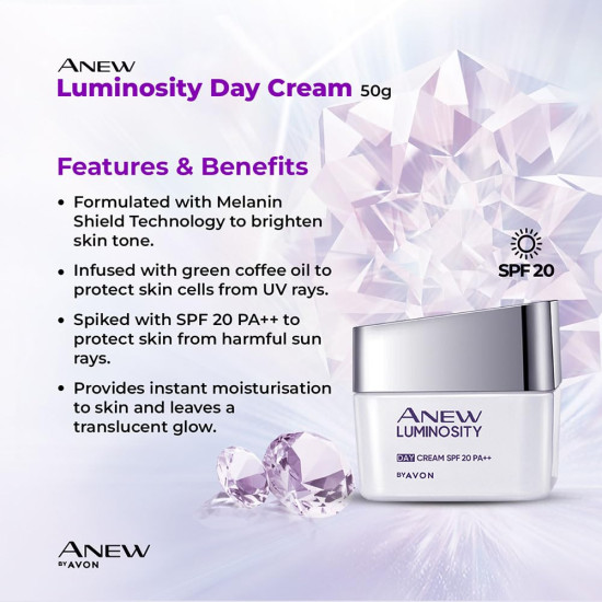 Avon Anew Luminosity Day Cream SPF 20| Melanin Shield Technology + Green Coffee Oil + Niacinamide | Protection from UVA/UVB Rays I Reveal Radiant Skin I 50 g Avon Anew Luminosity Day Cream SPF 20| Melanin Shield Technology + Green Coffee Oil + Niacinamide | Protection from UVA/UVB Rays I Reveal Radiant Skin I 50 g
