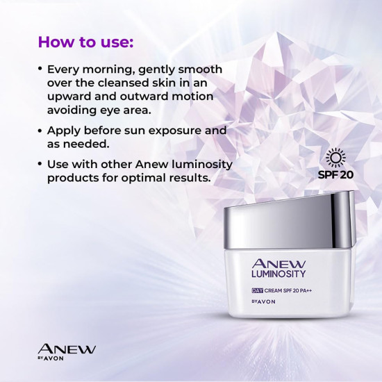 Avon Anew Luminosity Day Cream SPF 20| Melanin Shield Technology + Green Coffee Oil + Niacinamide | Protection from UVA/UVB Rays I Reveal Radiant Skin I 50 g Avon Anew Luminosity Day Cream SPF 20| Melanin Shield Technology + Green Coffee Oil + Niacinamide | Protection from UVA/UVB Rays I Reveal Radiant Skin I 50 g