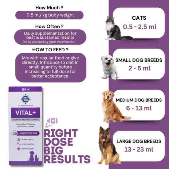 PET360 Vital+ Advanced Wellness Formula | Daily Multivitamin Syrup | Healthy Skin, Joints, Immunity & Growth | Nutritional Supplement for Dogs & Cats- 500 ml