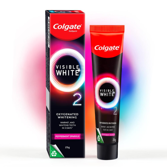 Colgate Visible White O2, Teeth Whitening Toothpaste (25g) for noticeably whiter teeth starting in 3 days. Peppermint Sparkle with Active Technology, Enamel Safe Teeth Whitening