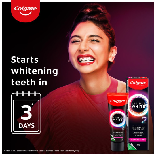 Colgate Visible White O2, Teeth Whitening Toothpaste (25g) for noticeably whiter teeth starting in 3 days. Peppermint Sparkle with Active Technology, Enamel Safe Teeth Whitening