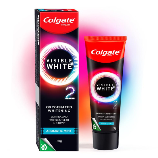 Colgate Visible White O2, Teeth Whitening Toothpaste (50g) for noticeably whiter teeth starting in 3 days. Aromatic Mint with Active Technology, Enamel Safe Teeth Whitening