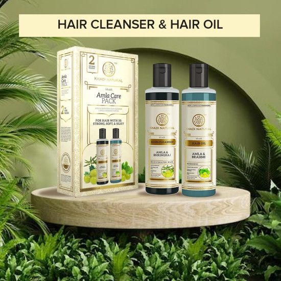 Khadi Natural Amla Hair Care Pack with Amla & Bhringraj Hair Cleanser & Amla & Bhringraj Hair Oil | Anti-Hair Fall Pack | All Hair Types | (Pack of 2) (2 x 210 ml) (420 ml)