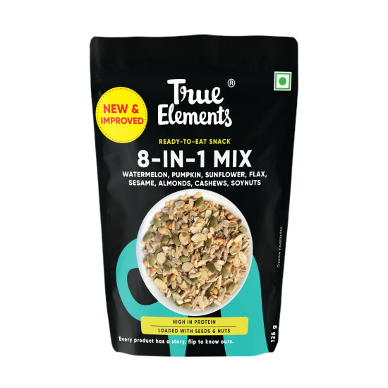 True Elements 8 in 1 Mix Seeds 125g - Seeds for Eating | Diet Snacks | Seed Mix for Eating | Roasted Seed - Watermelon, Pumpkin, Sunflower, Flax, Sesame and Almonds, Cashews, Soynuts