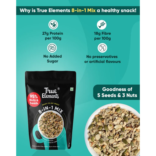 True Elements 8 in 1 Mix Seeds 125g - Seeds for Eating | Diet Snacks | Seed Mix for Eating | Roasted Seed - Watermelon, Pumpkin, Sunflower, Flax, Sesame and Almonds, Cashews, Soynuts