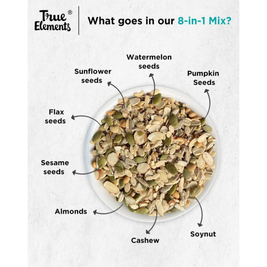 True Elements 8 in 1 Mix Seeds 125g - Seeds for Eating | Diet Snacks | Seed Mix for Eating | Roasted Seed - Watermelon, Pumpkin, Sunflower, Flax, Sesame and Almonds, Cashews, Soynuts