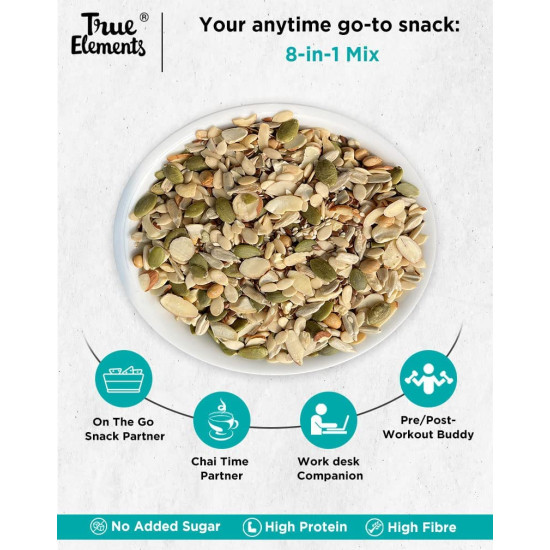 True Elements 8 in 1 Mix Seeds 125g - Seeds for Eating | Diet Snacks | Seed Mix for Eating | Roasted Seed - Watermelon, Pumpkin, Sunflower, Flax, Sesame and Almonds, Cashews, Soynuts