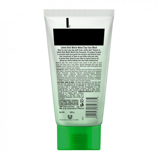 Lakme 9to5 Matte Moist Clay Facewash, Green Tea, Kaolin and Bentonite Clay, Removes Excess Oil, Cleansed, Refreshed Matte Looking Skin, 100g