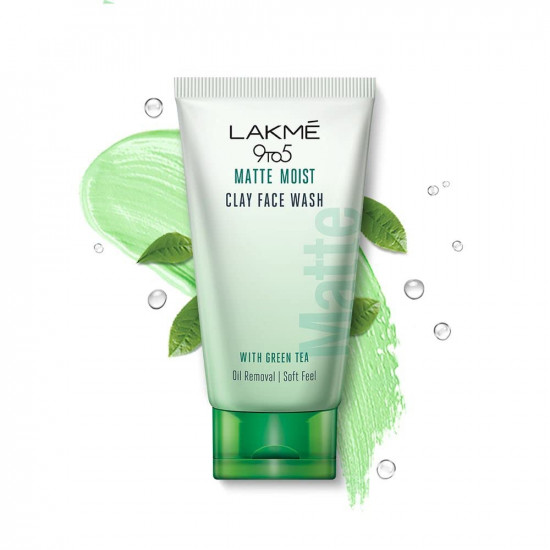 Lakme 9to5 Matte Moist Clay Facewash, Green Tea, Kaolin and Bentonite Clay, Removes Excess Oil, Cleansed, Refreshed Matte Looking Skin, 100g