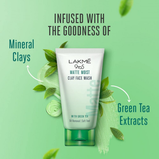 Lakme 9to5 Matte Moist Clay Facewash, Green Tea, Kaolin and Bentonite Clay, Removes Excess Oil, Cleansed, Refreshed Matte Looking Skin, 100g