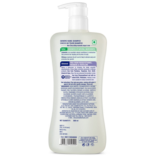 Chicco Baby Moments Shampoo for Tear-Free Bath times, Natural Ingredients, Suitable for baby’s tangle Free, smooth hair, No Phenoxyethanol and Parabens (500ml)