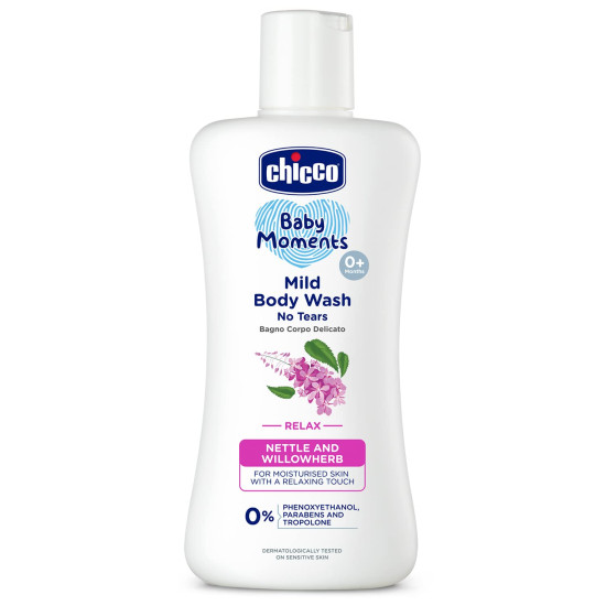 Chicco Baby Moments Mild Body Wash Relax, New Advanced Formula with Natural Ingredients, No Tears & Soap-Free, Mild formula for Baby’s Body & Face Wash, No Phenoxyethanol and Parabens (200ml)
