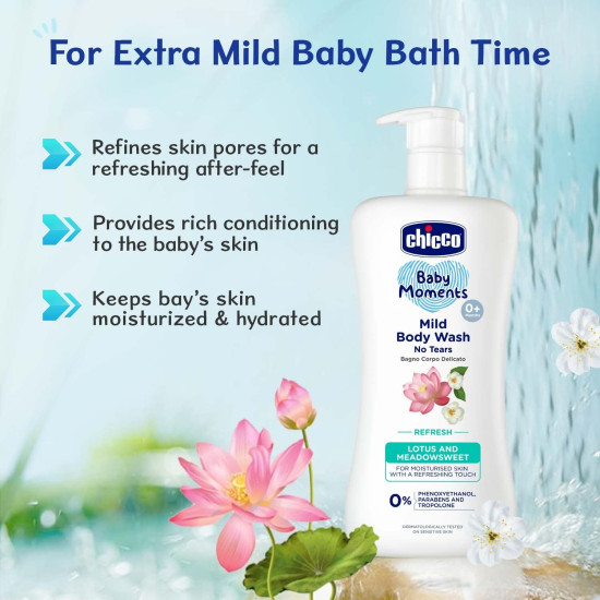 Chicco Baby Moments Mild Body Wash Refresh, New Advanced Formula with Natural Ingredients, No Tears & Soap-Free, Mild formula for Baby’s Body wash, No Phenoxyethanol and Parabens (200ml)