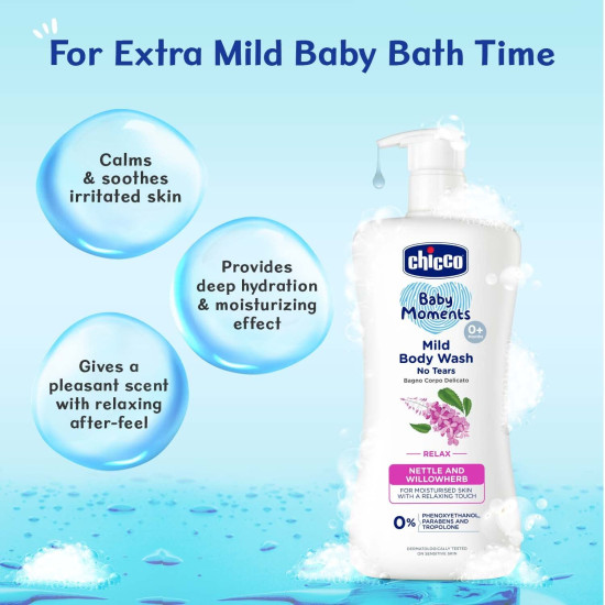Chicco Baby Moments Mild Body Wash Relax, New Advanced Formula with Natural Ingredients, No Tears & Soap-Free, Mild formula for Baby’s Body & Face Wash, No Phenoxyethanol and Parabens (500ml)