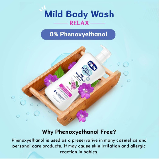 Chicco Baby Moments Mild Body Wash Relax, New Advanced Formula with Natural Ingredients, No Tears & Soap-Free, Mild formula for Baby’s Body & Face Wash, No Phenoxyethanol and Parabens (500ml)