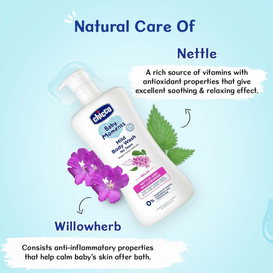 Chicco Baby Moments Mild Body Wash Relax, New Advanced Formula with Natural Ingredients, No Tears & Soap-Free, Mild formula for Baby’s Body & Face Wash, No Phenoxyethanol and Parabens (500ml)