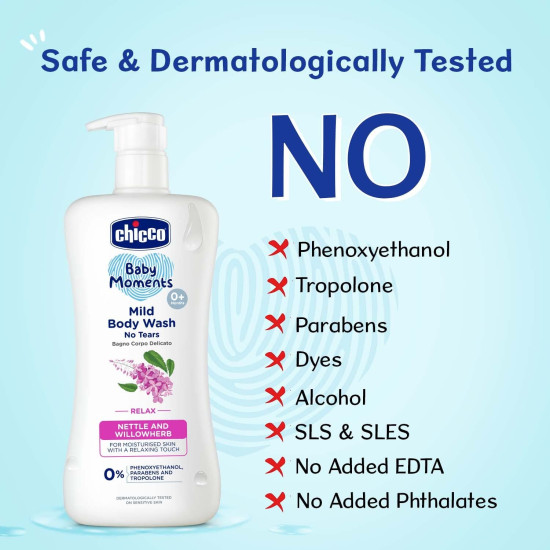 Chicco Baby Moments Mild Body Wash Relax, New Advanced Formula with Natural Ingredients, No Tears & Soap-Free, Mild formula for Baby’s Body & Face Wash, No Phenoxyethanol and Parabens (500ml)