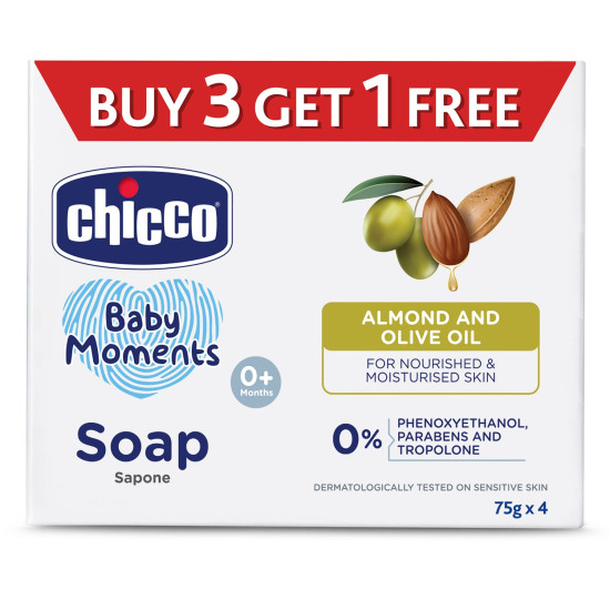 Chicco Baby Moments Soap 75g Buy 3 Get 1 Free For Nourished & Moisturised Skin With Natural Care of Almond & Olive Oil Chicco Baby Moments Soap 75g Buy 3 Get 1 Free For Nourished & Moisturised Skin With Natural Care of Almond & Olive Oil