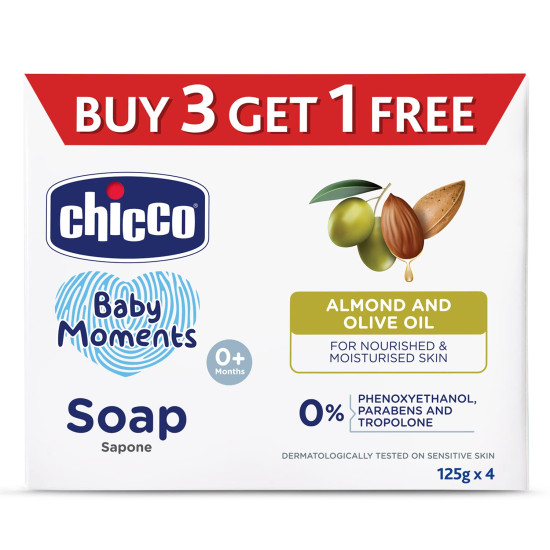 Chicco Baby Moments Soap 125g Buy 3 Get 1 Free For Nourished & Moisturised Skin With Natural Care of Almond & Olive Oil