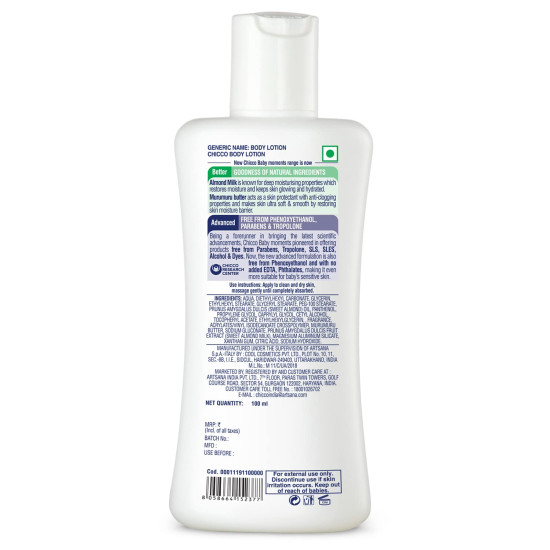 Chicco Baby Moments Body Lotion for Babies, 100ml | Almond Milk & Murumuru Butter | Quick Absorb Formula with Natural Ingredients for Ultra Soft Skin | Dermatologically Tested | Parabens & Phenoxyethanol Free