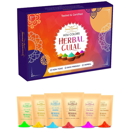 Indian Karigar Starch Holi Gulal for Holi Colour 480g 6 Flavor × 80g Herbal Gulal Organic Holi Colours for Family Non Toxic Holi Color Organic Skin Safe Holi Colors Holi Gifts Pack of 6 Multicolor
