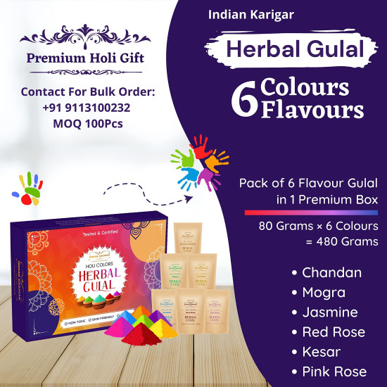 Indian Karigar Starch Holi Gulal for Holi Colour 480g 6 Flavor × 80g Herbal Gulal Organic Holi Colours for Family Non Toxic Holi Color Organic Skin Safe Holi Colors Holi Gifts Pack of 6 Multicolor