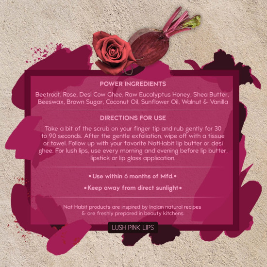 Nat Habit Lip Scrub, Beetroot Rose – Mask for Lip Lightening, Dry & Dark Lips Care with Vitamin E, Free from Chemicals & Preservatives (12 gm)